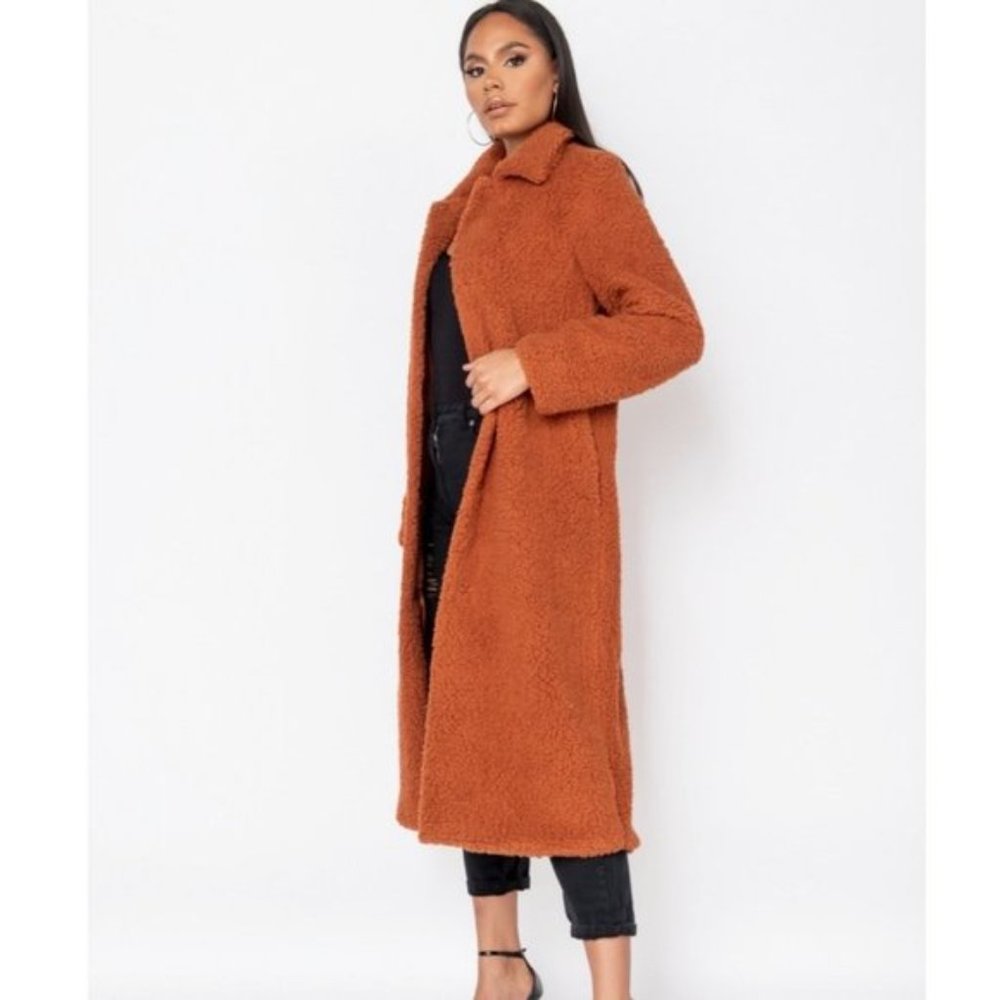 Rust Long Sleeve Oversized Long Maxi Teddy Bear Fur Coat - Picture 2 of 9